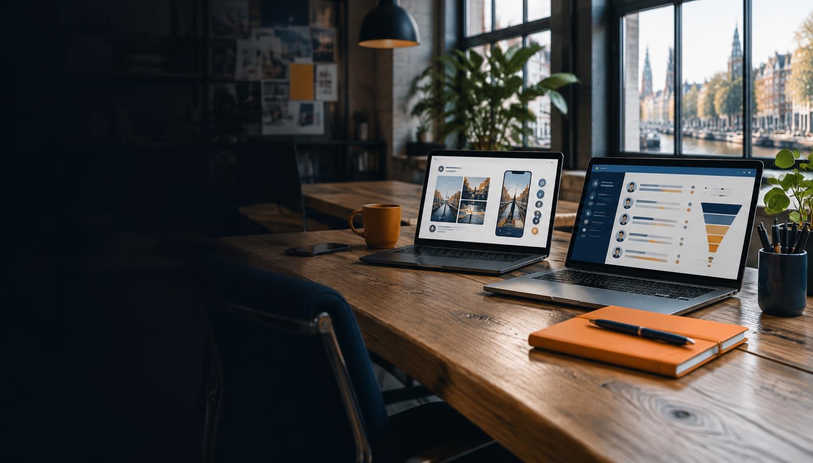 Werkplek met wervingscampagnes op beeldschermen